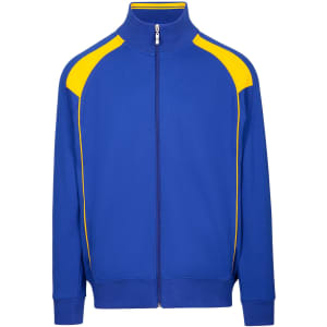 Men's unbrushed track jacket in royal blue with yellow contrast panels and a zip front. Features a logo on the chest.
