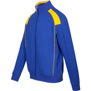 A blue track jacket with yellow contrast detailing and a zip front. It features a logo on the chest.