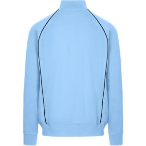 A men's unbrushed contrast jacket in light blue with black piping details. Features a high collar and long sleeves.