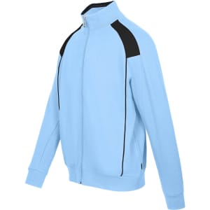 A light blue men's unbrushed contrast jacket featuring black accents and a zippered front. It has a logo on it.