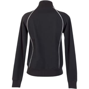 A black women's juniors unbrushed contrast jacket with white piping, featuring a stand collar and long sleeves.
