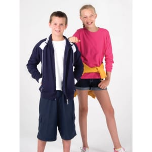 A navy jacket with white contrast details worn by a boy, alongside a girl in a pink top and denim shorts.