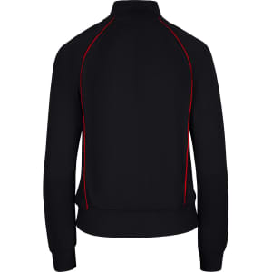 A black unbrushed contrast jacket featuring red detailing and a high collar, with a fitted design.