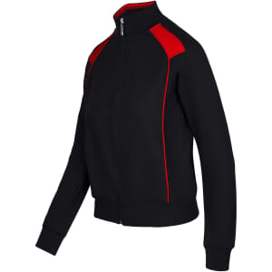 A black unbrushed contrast jacket with red detailing and a fitted design. Features a front zip and ribbed cuffs.