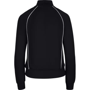 A black unbrushed contrast jacket featuring white piping details and a high collar. It has a fitted design with ribbed cuffs.