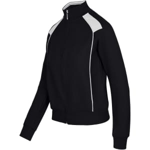 A black unbrushed contrast jacket featuring white accents and a zip front, designed for women and juniors.