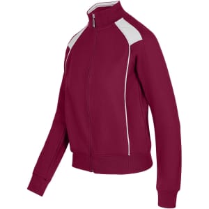 A women's juniors unbrushed contrast jacket in burgundy with white detailing and a logo on the chest.