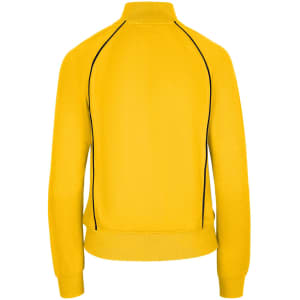 A yellow unbrushed contrast jacket with black piping, featuring a high collar and fitted cuffs.