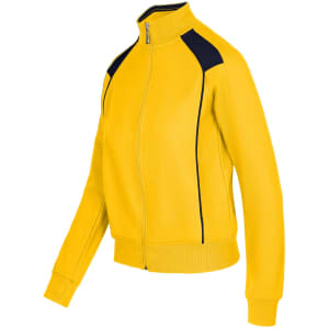 A bright yellow unbrushed contrast jacket featuring black detailing and a full zip. It has a logo on the front.