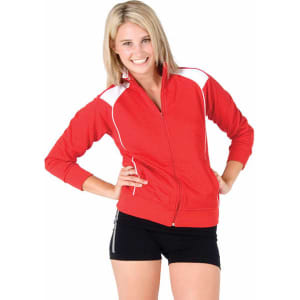 A red unbrushed contrast jacket with white detailing, worn by a smiling model in athletic shorts. The jacket has a logo.