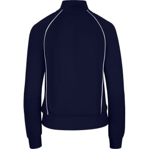 A navy unbrushed contrast jacket featuring white piping details and a fitted design. The jacket has a high collar and ribbed cuffs.