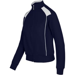 A navy women's juniors unbrushed contrast jacket with white detailing and a logo.