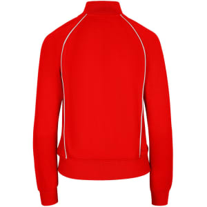 A red women's/juniors unbrushed contrast jacket featuring white piping and a high collar.
