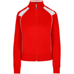 A red women's/juniors unbrushed contrast jacket featuring white accents and a zip-up front, with a logo on the design.