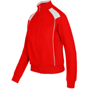 A red women's/juniors unbrushed contrast jacket with white detailing and a zip front. It features a logo.