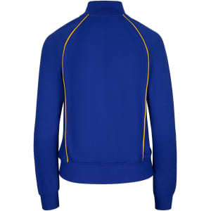 A blue unbrushed contrast jacket featuring yellow piping and a high collar, with a logo on the back.