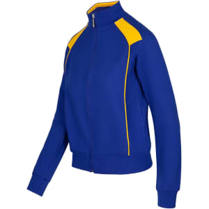 A blue jacket with yellow contrast detailing, featuring a zip front and a snug fit. It has a logo on it.