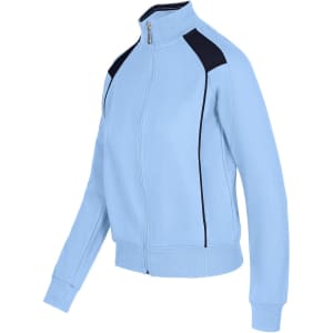 A light blue women's juniors unbrushed contrast jacket featuring black detailing and a zip front.