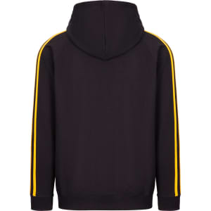 A black hoodie featuring yellow stripe detailing on the sleeves and a hood. Includes a logo on the back.