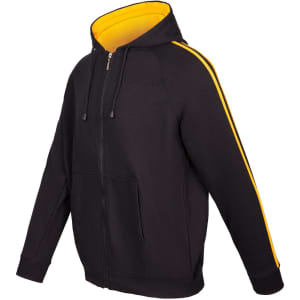 A black hoodie with yellow stripe details on the sleeves and a zip-up front. Features a hood and front pockets.