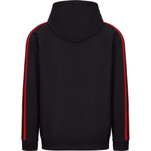 A black hoodie featuring red stripe detailing on the sleeves and a hood. Includes a branding logo.