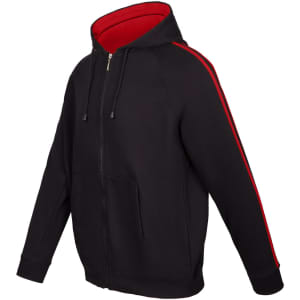 A black hoodie with red stripe details on the sleeves and a red interior, featuring a zip and front pockets.