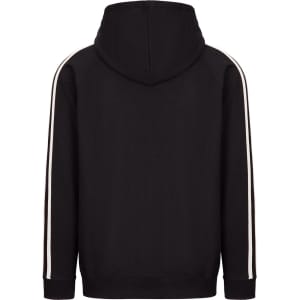 A black hoodie featuring striped sleeves and a hood, with a branding logo.