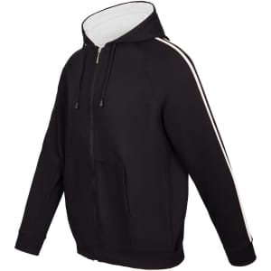 A black unbrushed hoodie with stripe sleeves, featuring a front zipper and a hood. It has a logo on it.