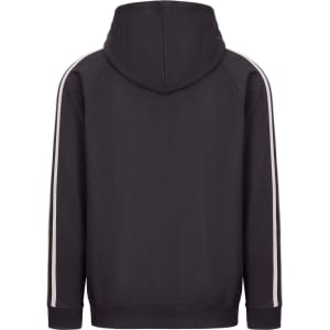 A black unbrushed hoodie featuring stripe sleeves, with a hood and a logo on the back.