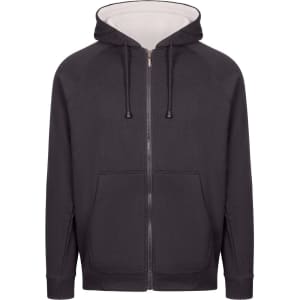 A black unbrushed hoodie with stripe sleeves, featuring a zip front and pockets. It has a logo on the front.