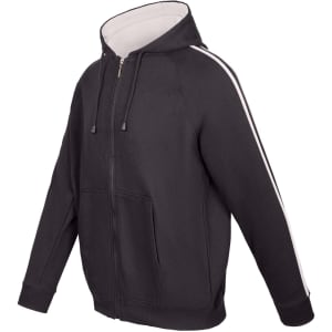 A black hoodie with contrasting stripe details on the sleeves and a zip-up front. Features a logo.