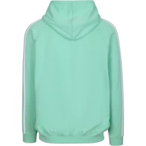 A mint green hoodie featuring stripe sleeves and a hood, with a fitted waistband at the bottom.