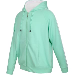 A mint green hoodie with unbrushed fabric and contrasting stripe sleeves, featuring a zipper and a front pocket.