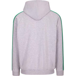 A light grey hoodie with green stripe detailing on the sleeves and a spacious hood, featuring a logo.