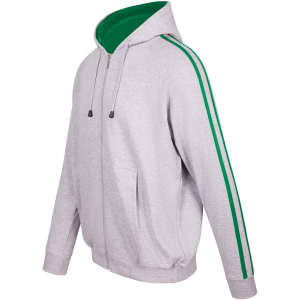 A grey hoodie with green stripe sleeves, featuring a full zipper and pockets, and a hood. It has a logo.