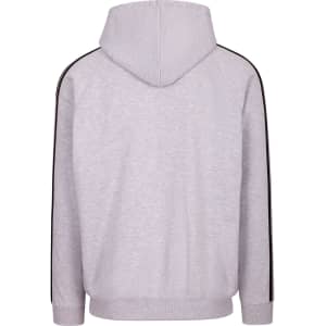 A grey hoodie with unbrushed material and black stripe details on the sleeves, featuring a hood.