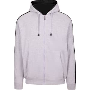 A grey men's unbrushed stripe sleeve hoodie with a black interior, featuring a zip front and pockets.