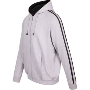 A grey hoodie with black stripe sleeves, featuring a zip front and pockets. It has a logo on the front.