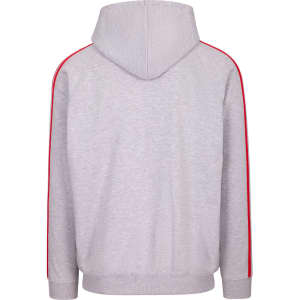 A grey hoodie featuring unbrushed fabric with red stripe accents on the sleeves and a hood. It has a logo.