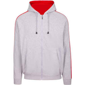 A grey hoodie with red stripe sleeves and a red inner lining, featuring a zipper and two front pockets.
