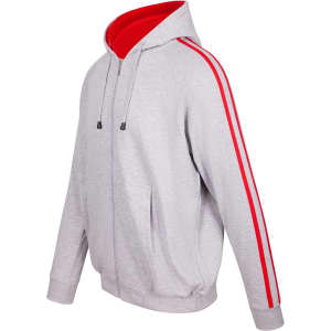 A grey hoodie with red stripe sleeves, featuring a front zipper and a hood. It includes side pockets and a logo.