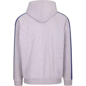 A grey hoodie with stripe sleeves and a hood, featuring a logo on the back.