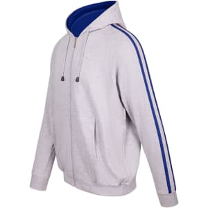 A grey hoodie with a blue interior and striped blue sleeves. Features a zip-up front and pockets.