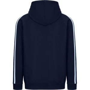 A navy hoodie featuring unbrushed fabric and light blue stripe sleeves. Includes a hood and a logo.