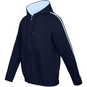 A navy blue hoodie featuring stripe sleeves, a front zipper, and a light blue interior. It has a logo on it.