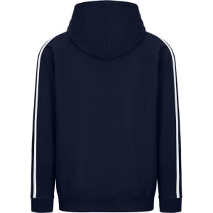 A navy hoodie with white stripe sleeves and a hood, featuring a logo on the back.