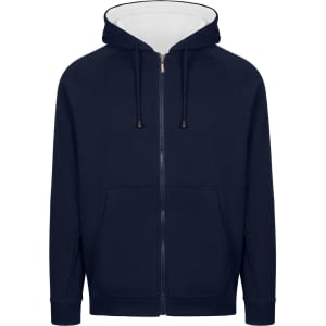 A navy unbrushed hoodie with a white-lined hood, featuring a zipper and front pockets. It has a logo on it.