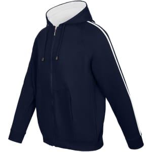 A navy hoodie with white stripe sleeves, featuring a front zipper and a hood, along with a front pocket and branding.