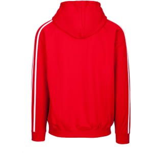 A red unbrushed hoodie featuring white stripe sleeves and a hood, with branding on the back.