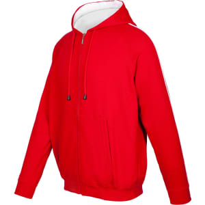A red unbrushed hoodie featuring stripe sleeves and a front pocket, with a zipper and hood. It has a logo.